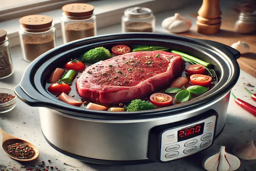 raw steak in a slow cooker